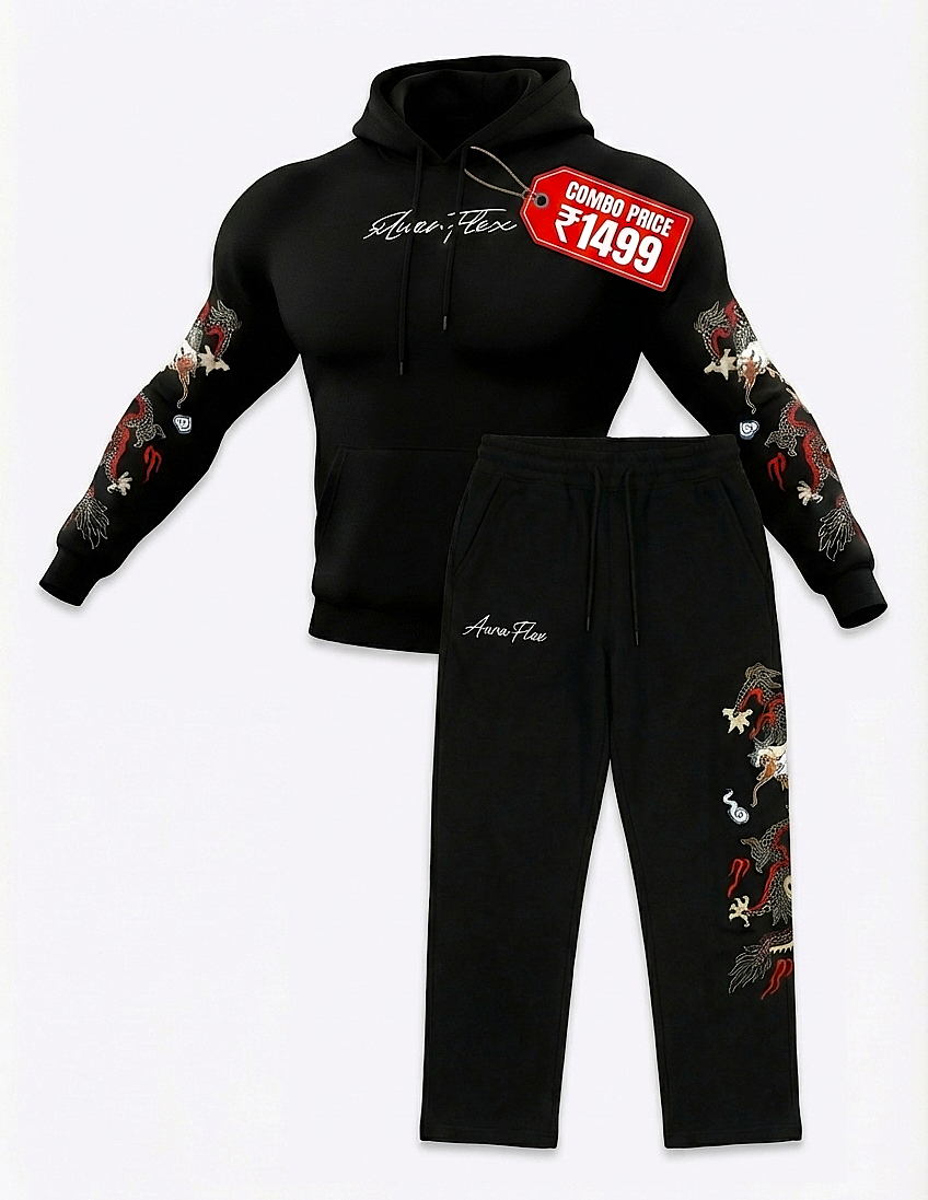 Men's Black Dragon Print Tracksuit - Hoodie & Jogger Combo Set