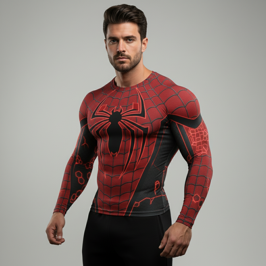 Red & Black Web Pattern Men's Full-Sleeve Compression Shirt
