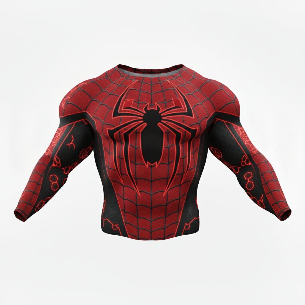 Red & Black Web Pattern Men's Full-Sleeve Compression Shirt