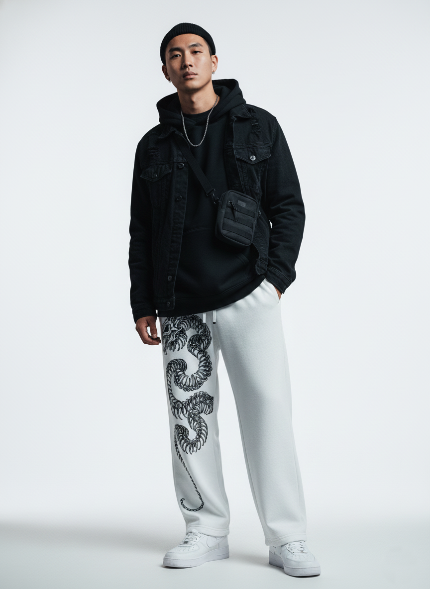 White, wide-leg graphic unisex joggers with a dragon skeleton