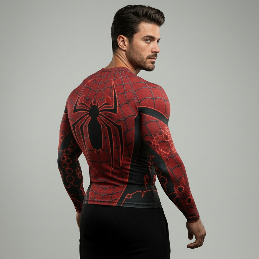 Red & Black Web Pattern Men's Full-Sleeve Compression Shirt