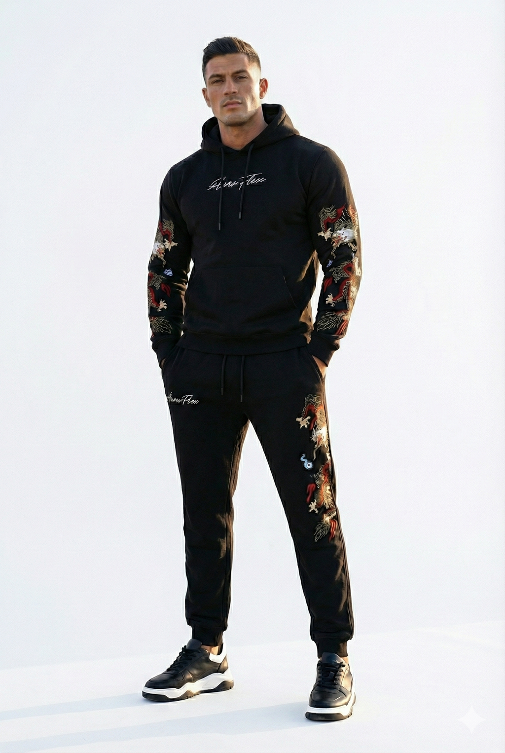 Men's Black Dragon Print Tracksuit - Hoodie & Jogger Combo Set