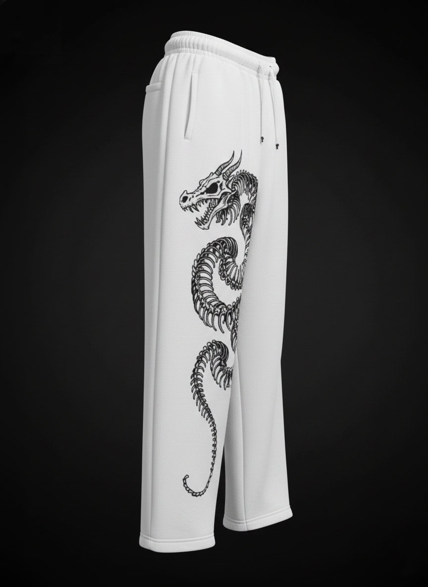 White, wide-leg graphic unisex joggers with a dragon skeleton